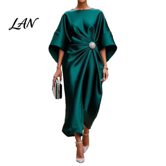 Lightweight Summer Dress Women's Satin Batwing Sleeve Maxi Dress, Rhinestone Accent Crew Neck Elegant Solid Color Evening Party A Line Formal Wedding