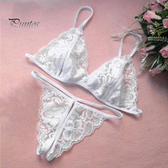 2 Pcs/Set Sexy Underwear Hollow Out Lace Solid Color Wireless Unpadded Open Crotch Elastic Spaghetti Straps Soft Lady Bra Panties Set Wedding Night