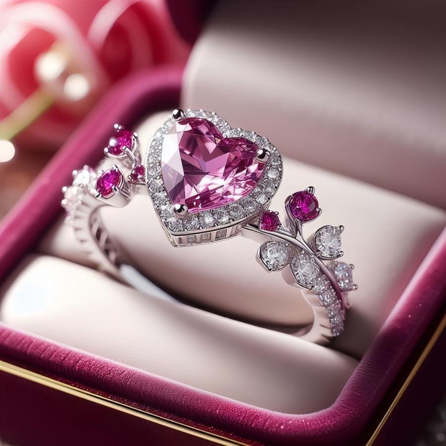Exquisite Inlaid White Red CZ Heart Women's Ring Sparkling CopperColor Geometry Daily Wear Party Jewelry Anniversary Gift