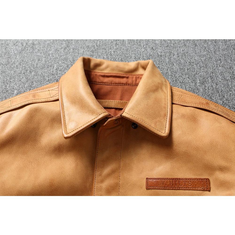 Chinese Size Classic Flight A2 Pilot Jacket Vintage Dirty Yellow Oil Waxed Cowhide Genuine Leather Jacket Men Aviator Jackets Male Coats