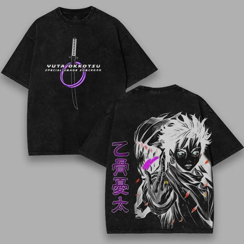 Manga Jujutsu Kaisen Okkotsu Yuta T-shirt For Men's Clothing Vintage Washed Oversized T Shirt Short Sleeve Cotton Tees Tops