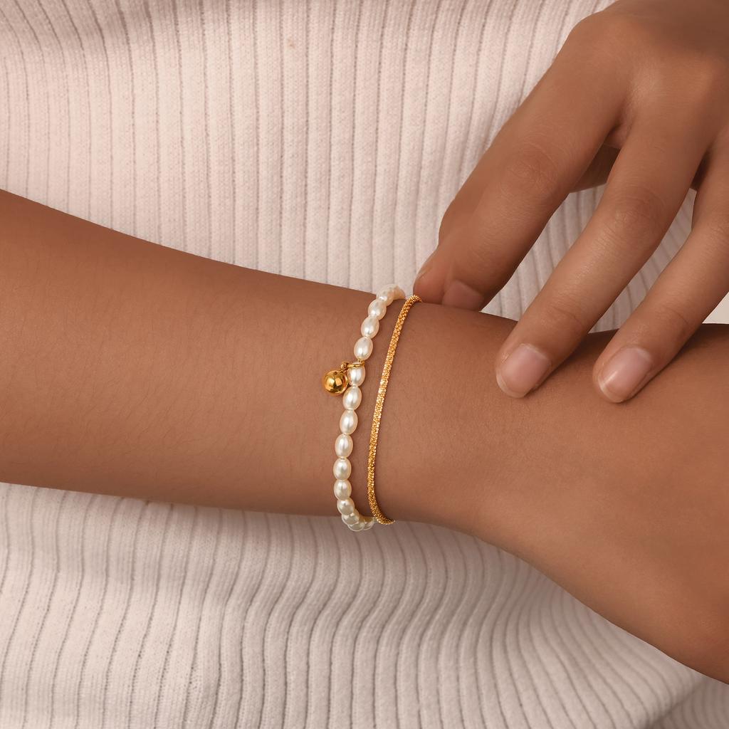 Double Layer Stacked Bracelet Stainless Steel Gypsophila Chain Imitation Pearl Ball Bracelets For Women Gold Color Jewelry