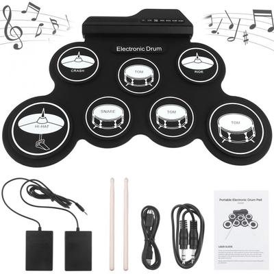 Portable Electronic Digital USB 7 Drum Pads Set Roll Up Set Tobe electrice din silicon cu 1 pereche de bețe și pedală Sustain