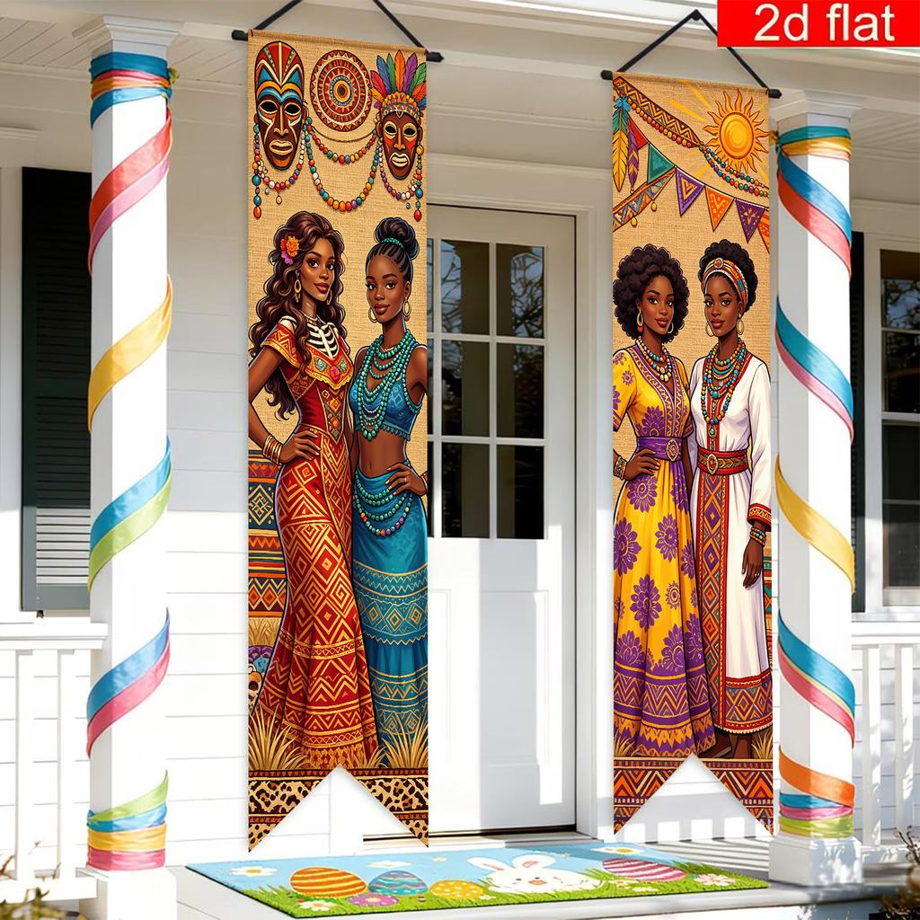 2D Flat, 2D Flat Banner Party Pennant, 2pcs, Material, African Culture Themed Party Decoration Triangular Couplets, Suitable for African Night, Primit