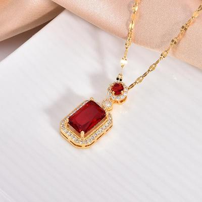 18K Gold Plated Luxury Necklace with Emerald Red Zirconium and Diamond Pave