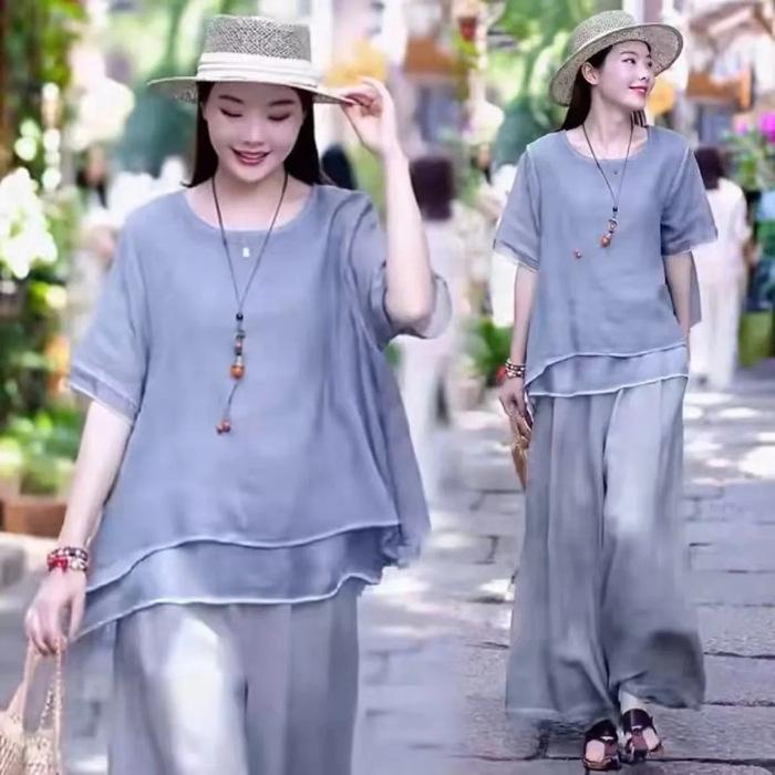 Women Vintage Wide Leg Trousers Suits Casual Patchwork Blouse Pants Sets 2PCS Loose Suit Plus Size