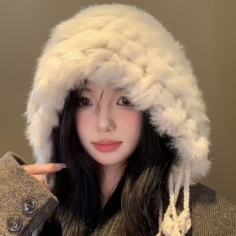 Cartoon Style Wool Beanie With Plush Fur Material And Adjustable Fit For Casual Wear