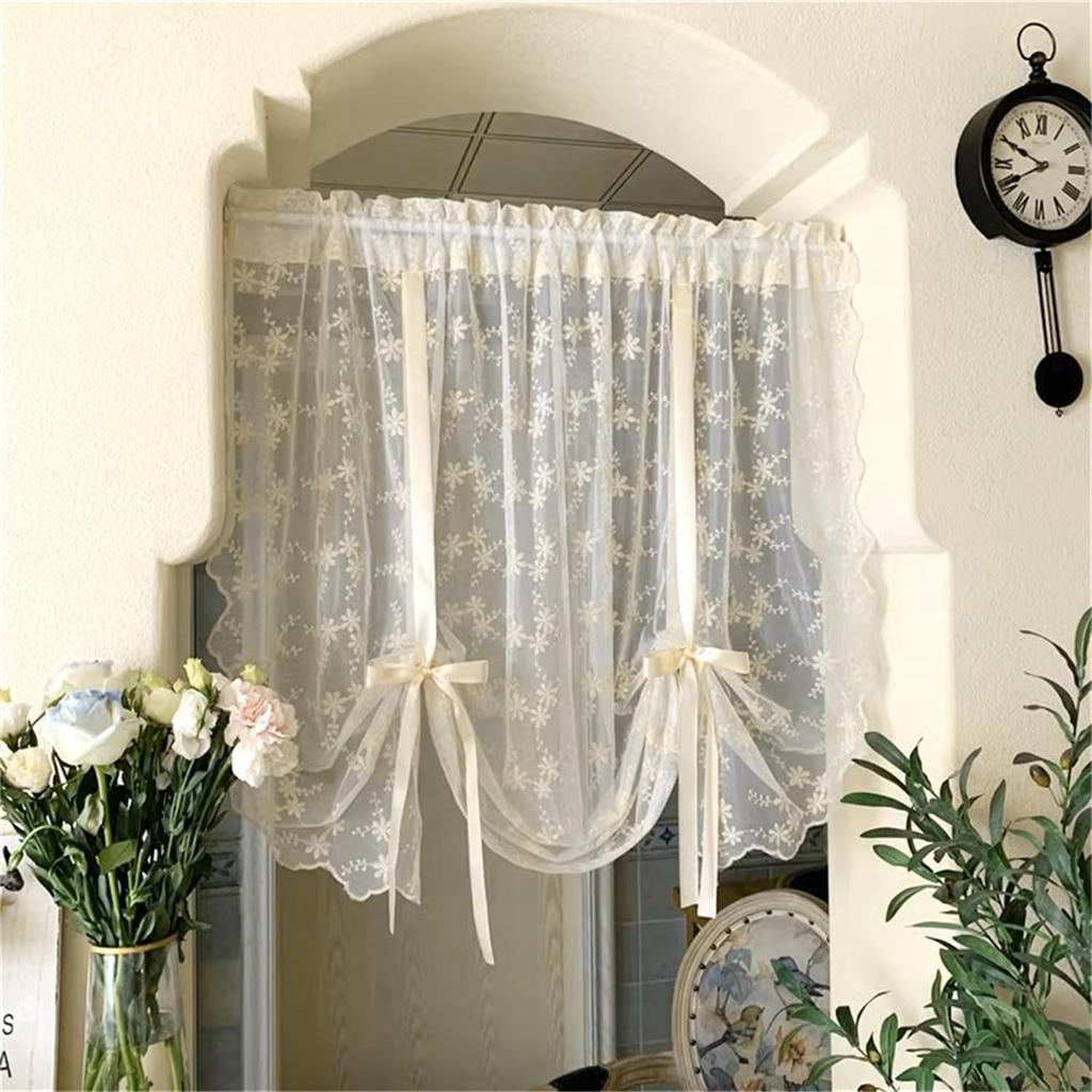 KMSG Bowknot Tie Up Kitchen Curtain Floral Balloon Lace Sheer Curtain Tiers for Small Cafe Windows Rod Pocket Light Filtering Ruffled Voile Window
