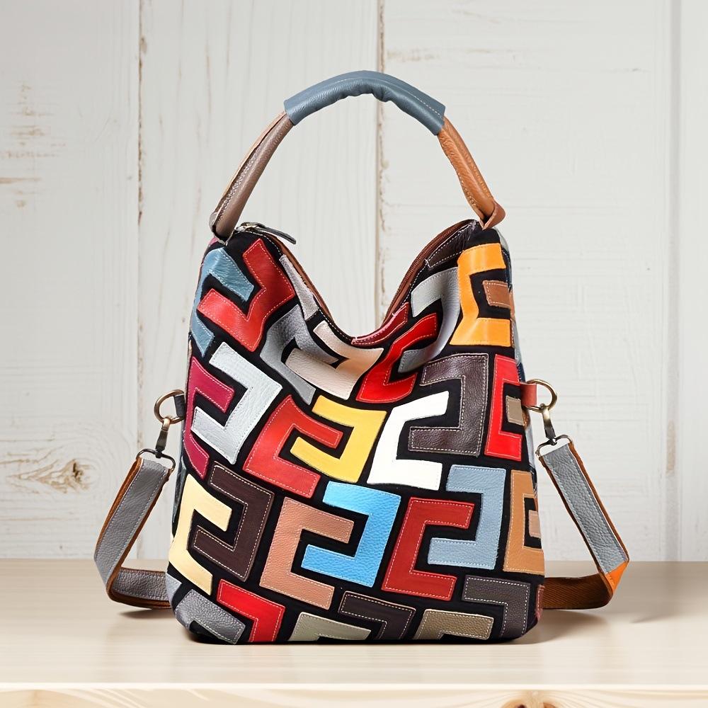Modische Damenhandtasche Patchwork aus echtem Leder Personalisierte Tasche, farblich abgestimmte lässige Damenhandtasche Umhängetasche