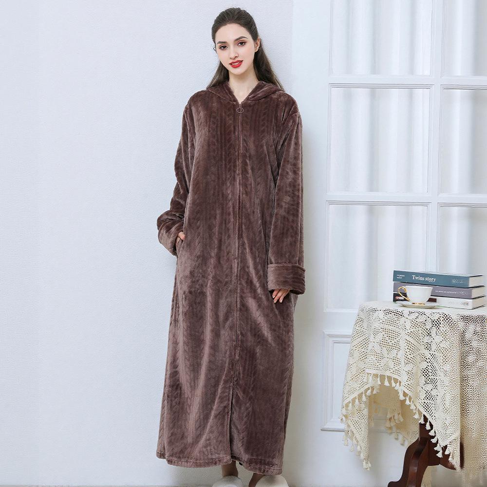 Winter Flannel Hooded Nightgown: Thick Coral Fleece, Long Sleeve, Plus Size, Ready Stock