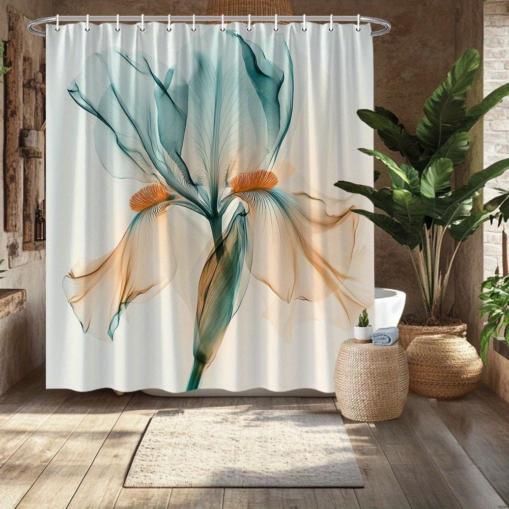 Elegant Iris Flower Shower Curtain, Light Blue & Orange Design, Fade-Resistant Polyester,Bath Decor