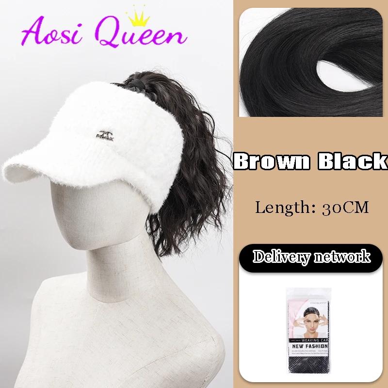 Synthetic Knitted Hat Wig For Women Long Wavy 16inch Black-brown Hair Warm Soft Knitted Autumn Winter Cap Heat Resistant Wig