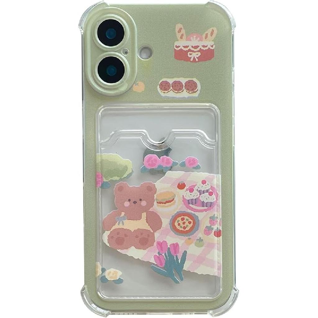 Cute Cartoon Bear Flowers Cake Wallet Card Slot Clear Soft Phone Case Compatible with iPhone Case (Clear,for iPhone 14 Plus)