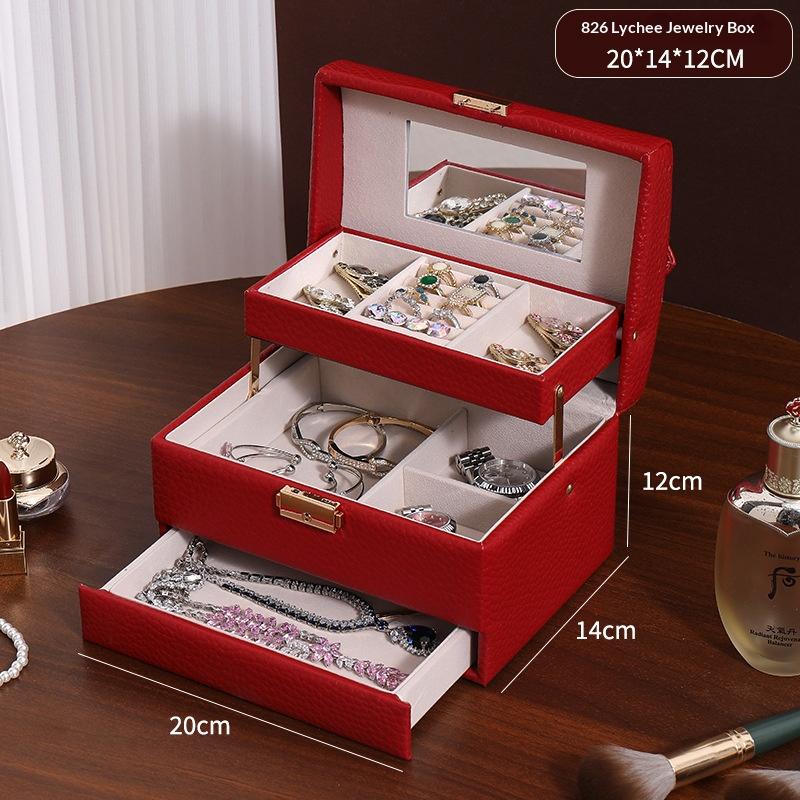 Minimalist High-end Jewelry Storage Box Pu Multi-layer Multi-function Large-capacity Jewelry Box with Mirror and Lock