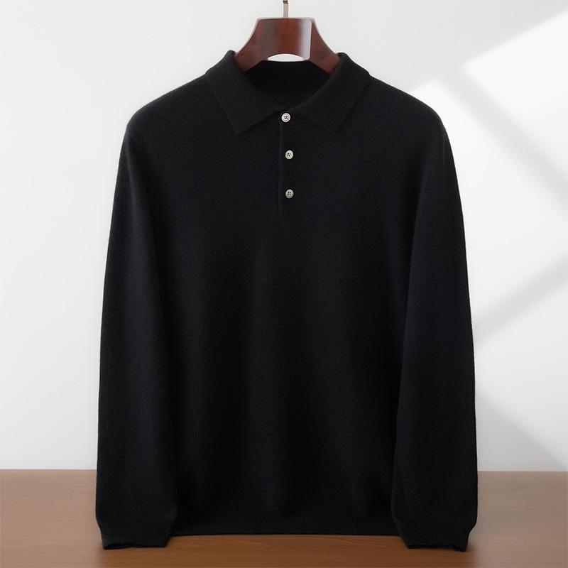 Men's Cashmere Polo Collar Sweater, Solid Color Knitwear, Long Sleeve Button-Up Pullover for Autumn/Winter