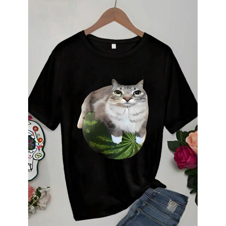 Cat On a Watermelon Plus Size Women's Round Neck Short Sleeve T-shirt with Elastic Half Sleeves and Trendy Prints