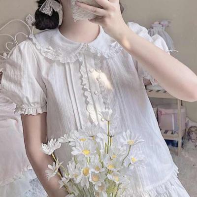 2024 sommer Jk Shirts Frauen Kawaii Peter Pan Kragen Japanischen Stil Lolita Weiß Spitze Mesh Bluse Student Top Täglichen Süße mode