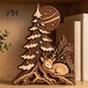 Christmas Gift for Friends Family Forest Deer & Tree Silhouette Figurine, Rustic Layered Cutout Tabletop Ornament, Winter Seasonal Tiered Tray