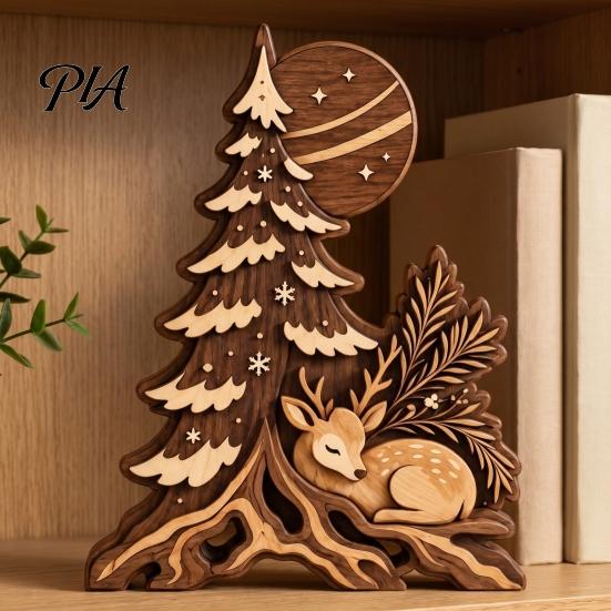 Christmas Gift for Friends Family Forest Deer & Tree Silhouette Figurine, Rustic Layered Cutout Tabletop Ornament, Winter Seasonal Tiered Tray