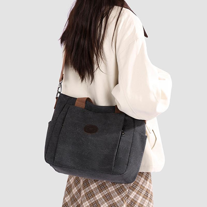 Fashi Canvas Women Handbag Large Capacity Minimalist Shoulder Bag Multi Pocket Zipper Crossbody Bag Student Commuter Tote Bag