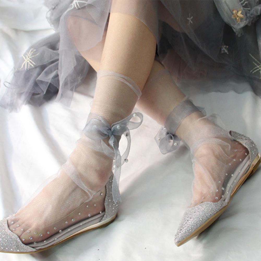 Fashion Funny Lace Up Bow Spring Chiffon Streetwear Women Socks Mesh Transparent  Socks