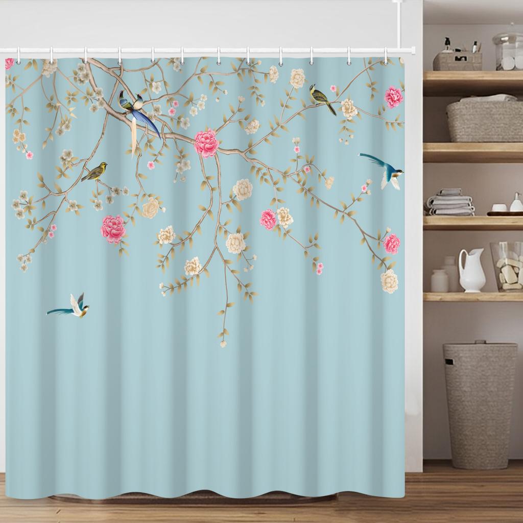 Vintage Bird Flower Shower Curtain With Hooks Artistic Peacock Floral Design Chinese Style Waterproof Polyester Bathroom Curtain