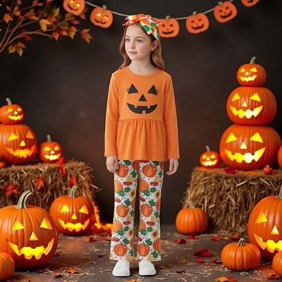 Kids Girls Halloween Outfit Spring Autumn Long Sleeve Pumpkin Printed Skirt Pants Two Piece Set Fashion Casual Children Clothing