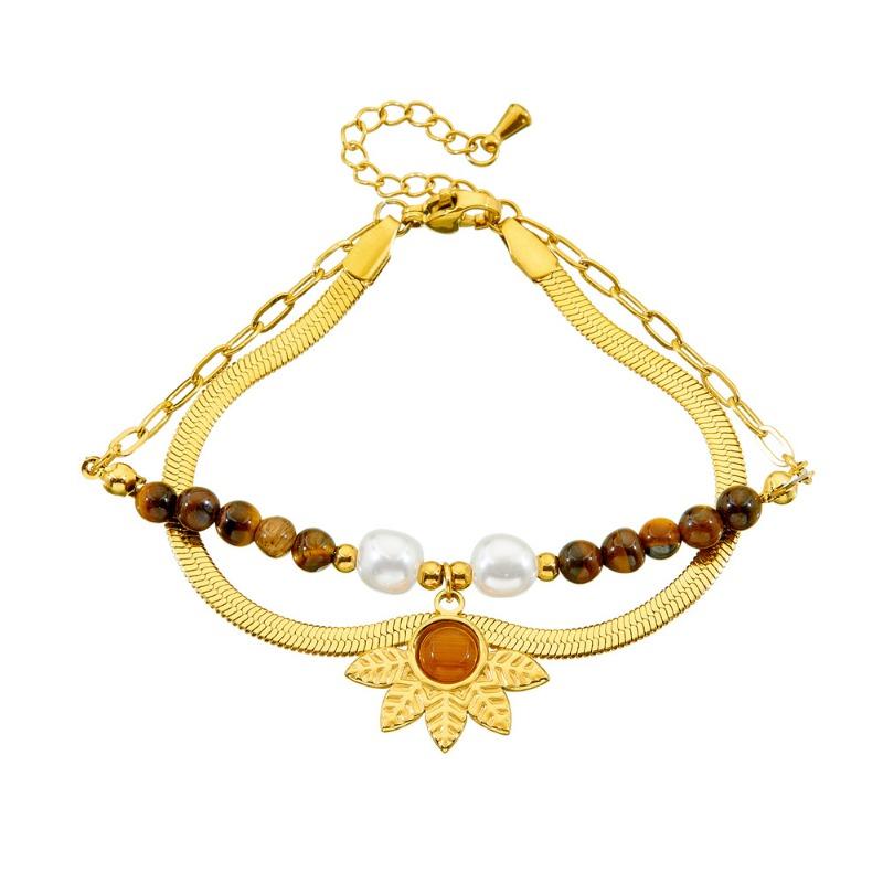 Gold Flower Pendant Tiger's Eye Beaded Herringbone Bracelet