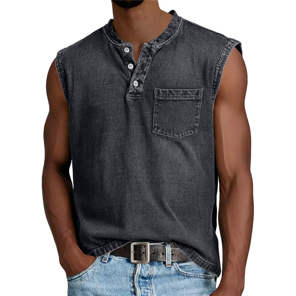Canotta da uomo senza maniche in cotone con tasca, vestibilità casual rilassata, stile Henley, maglia sportiva per muscoli, per l'uso quotidiano