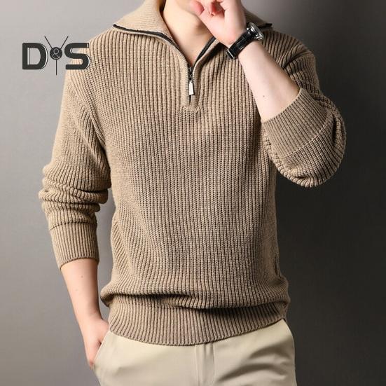 Men Fall Winter Sweater Lapel Loose Half Zipper Long Sleeves Mid Length Solid Color Retro Knitted Sweater