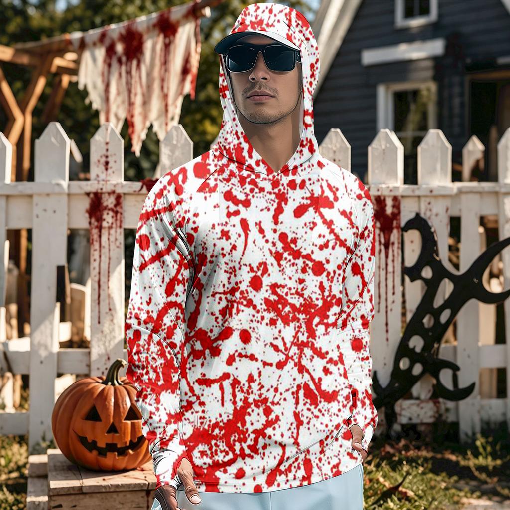 Men's Long Sleeve Hooded T-Shirt Quick Dry Sun Halloween Print for Fishing Gym Outdoor