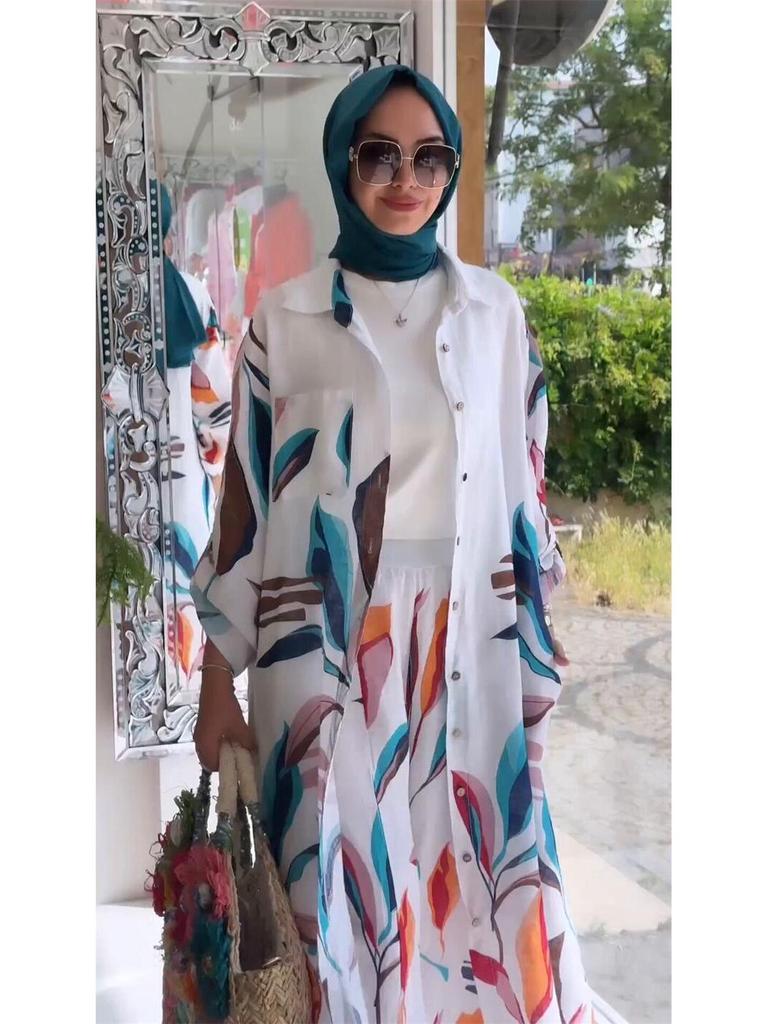 2024 Middle Eastern Fashion: Women's Print Long Cardigan & Wide-Leg Pants Two-Piece Set