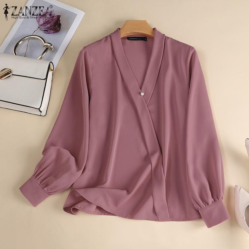 

ZANZEA Свободная повседневная V-образный вырез с длинным рукавом Летняя женская блузка
