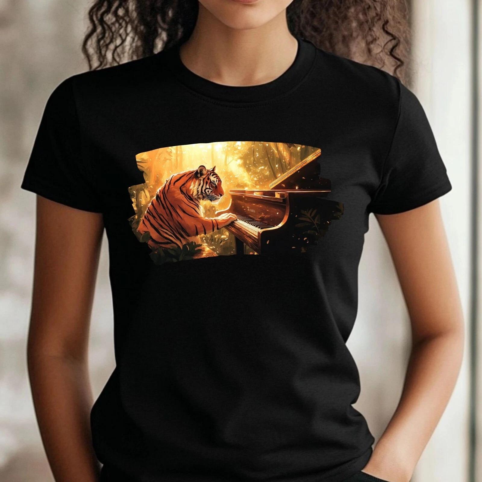 Women Tiger Plays Piano Print Cotton T-Shirt Size 3XL
