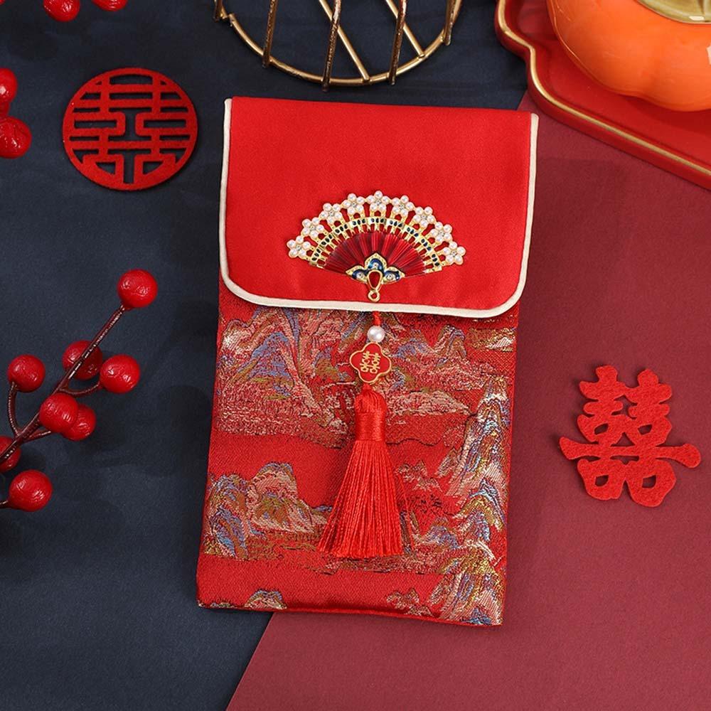 New Year Blessing Words 2025 Money Pocket Brocade Cloth Tassel New Year Money Bag Chinese Wedding