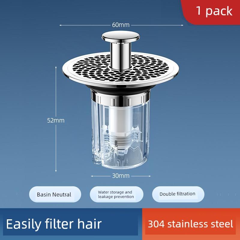 Brass Push-Type Sink Drain with 304 Filter Mesh, Insect-Proof, Anti-Clogging, Anti-Leakage, Anti-Odor Drain Plug with Pop-Up Core
