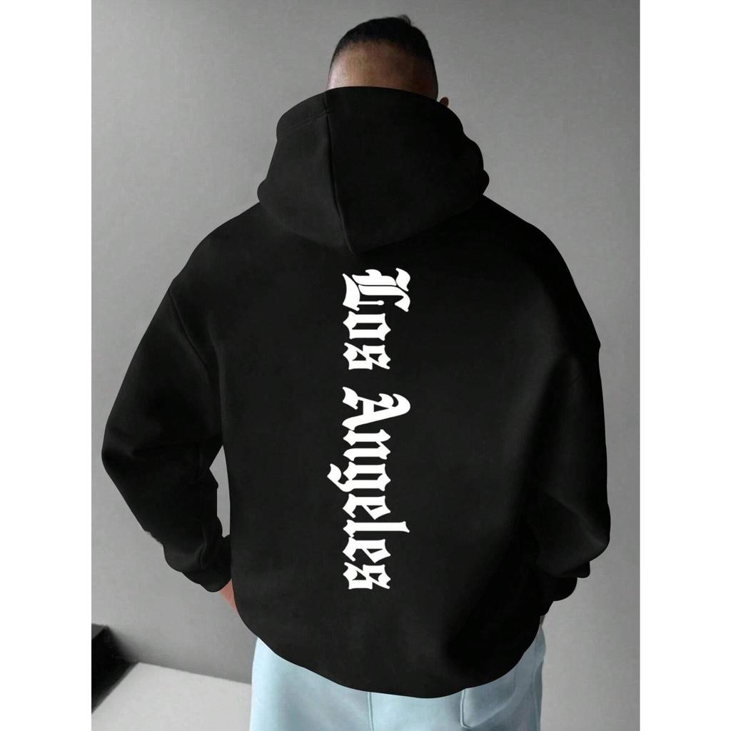 Men Hoodie Oversized Streetwear Gothic Letter Print Los Angeles Sweatshirt Casual Pullover Black Hooded Top
