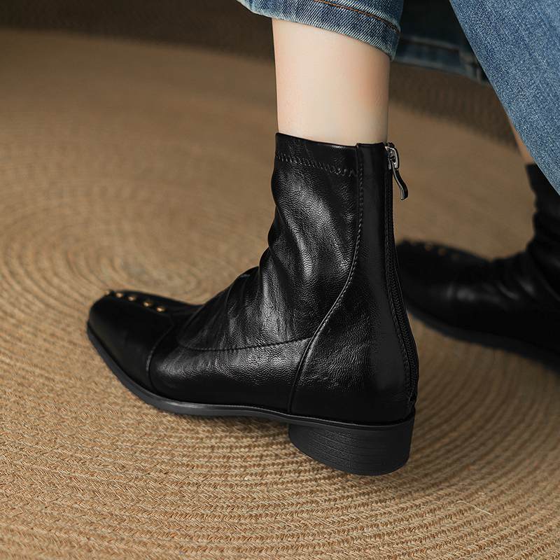 Krazing Pot Microfiber Winter Square Toe Modern Size 33 Boots Size 43 Metal Rivets Med Heels Zipper Women Ankle Boots