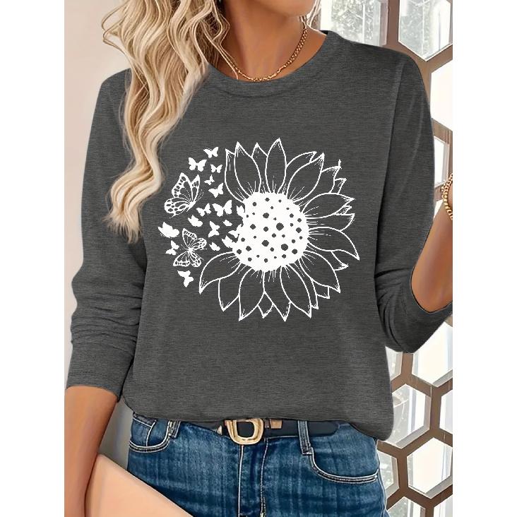 Elegant long-sleeved dress for women Sunflower and butterfly print round neck summer dress T Shirt Suitable for spring