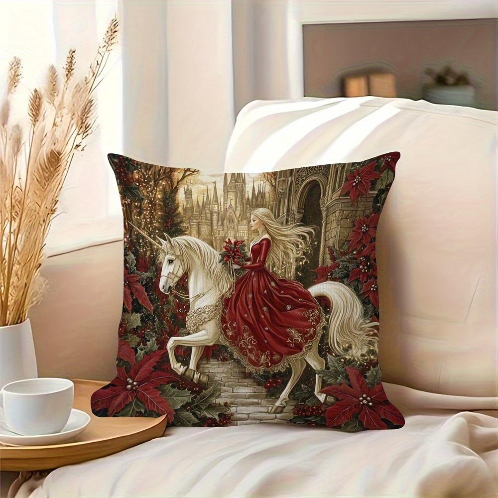 Vintage Christmas Unicorn & Princess Throw Pillow Cover, Fantasy Castle Poinsettia Art Print Decorative Cushion For Sofa Couch