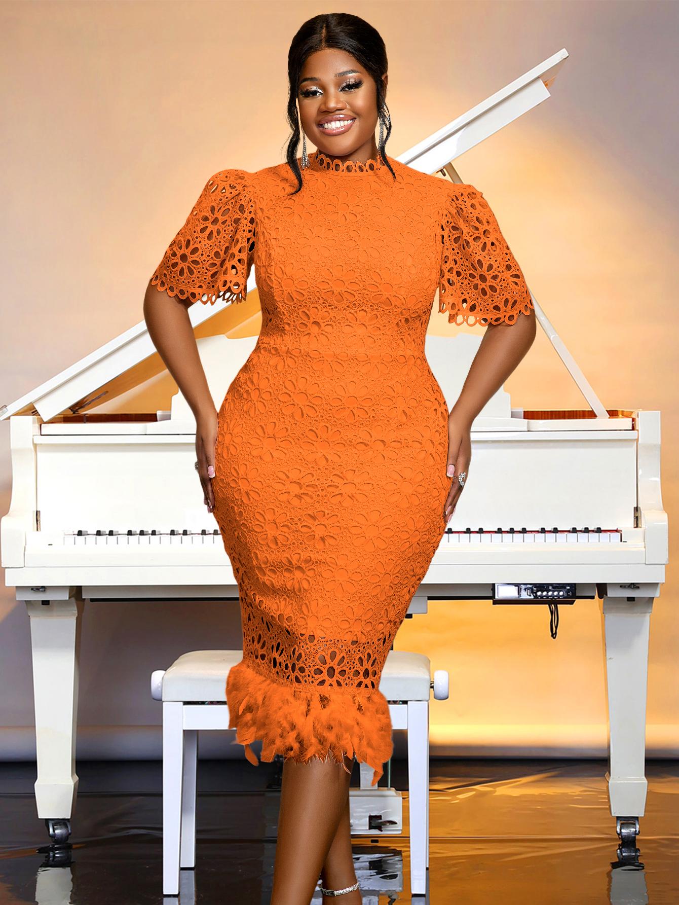 

AOMEI Платья миди с кружевом и перьями, с воротником-стойкой, с коротким рукавом, элегантные облегающие коктейльные платья для мероприятий L оранжевый