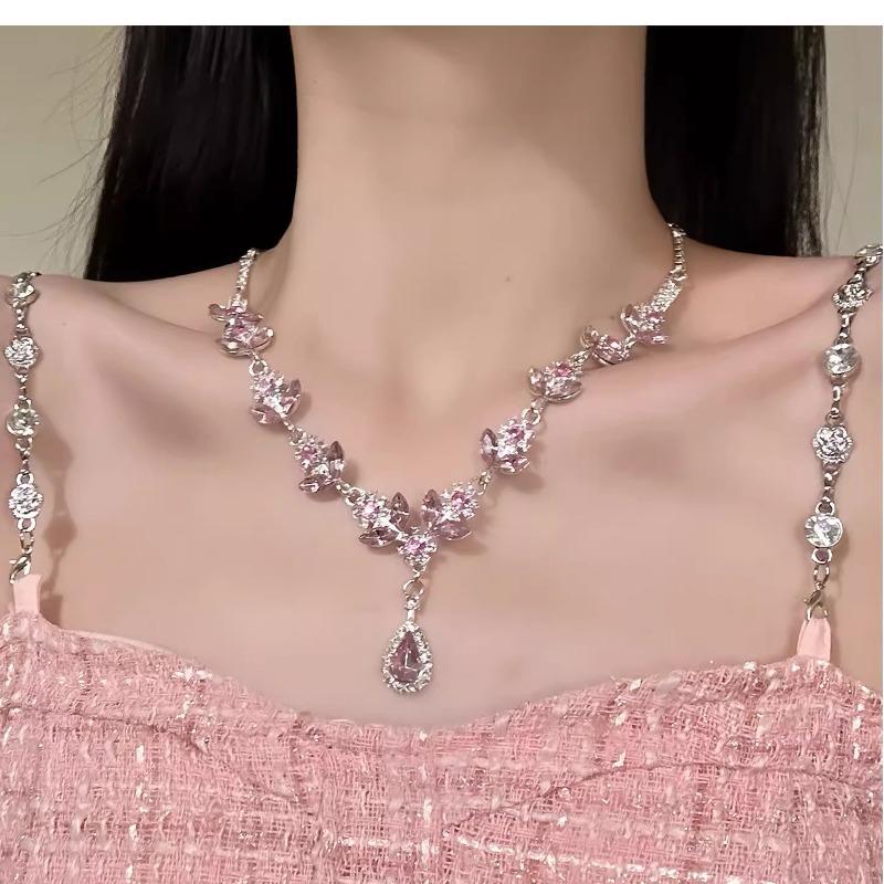 Sweet pink glitter diamond water drop necklace femininity personality collarbone chain earrings set