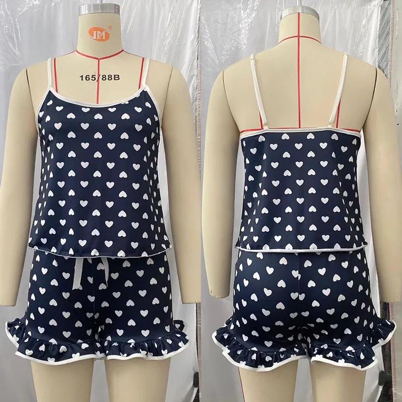 Summer Pajama Set Large Size Vest Ruffle Shorts Women's Suspenders Soft Casual Cute Printed Women Pajamas Set Sexy Bow