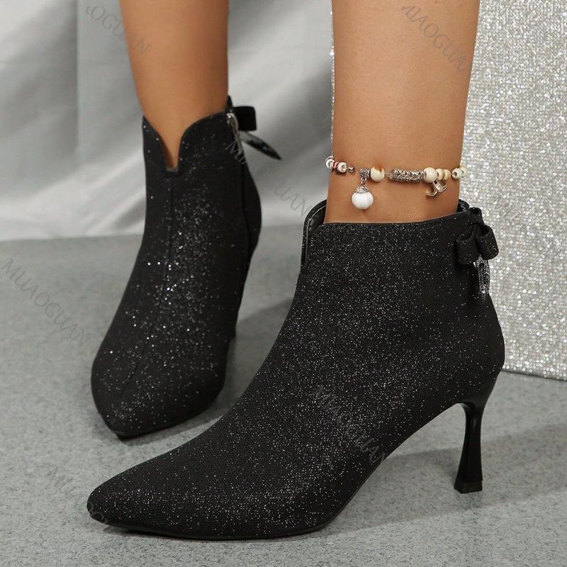 Fashion Black Elegant Pointed Toe Women Ankle Boots Sexy High Heels Shoes Fashion Woman Shoes Autumn New Bling Short Bottines Femmes