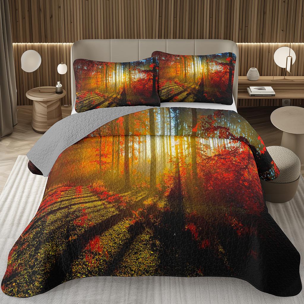 Fall Leaves Bedspread Set Queen/Twin, Autumn Maple Leaf Quilt Set, Soft Lightweight Botanical Coverlet, Rustic Farmhouse Bedding