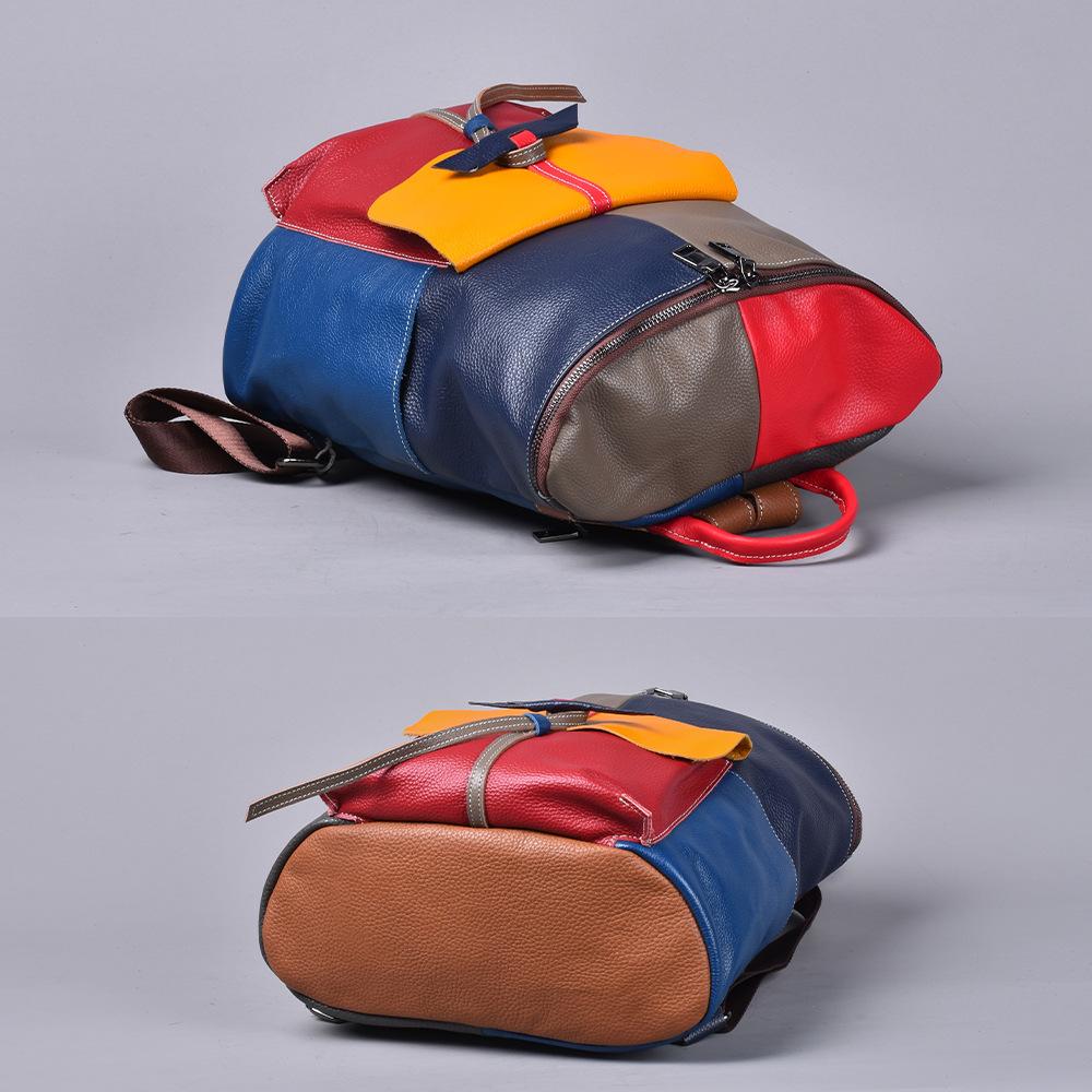 Retro Leather Women'S Bag Color Contrasting Color First Layer Cowhide Backpack Bucket Bag Women'S Casual Backpack