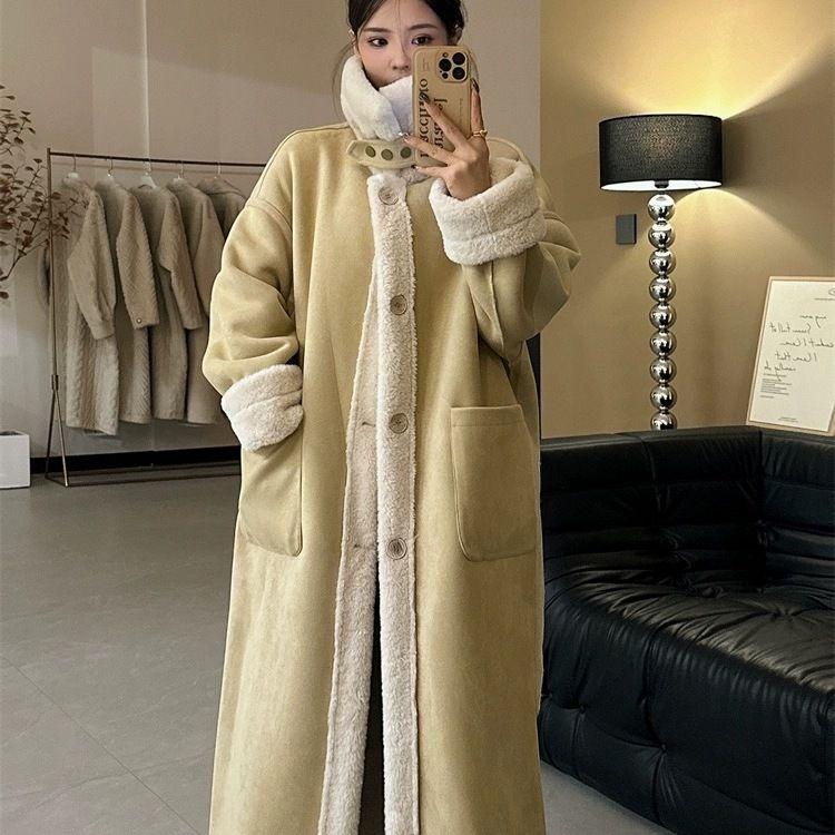 Vinter saueskinnsfrakk Dame Tykket lammepelsskinn Dobbeltsidig jakke