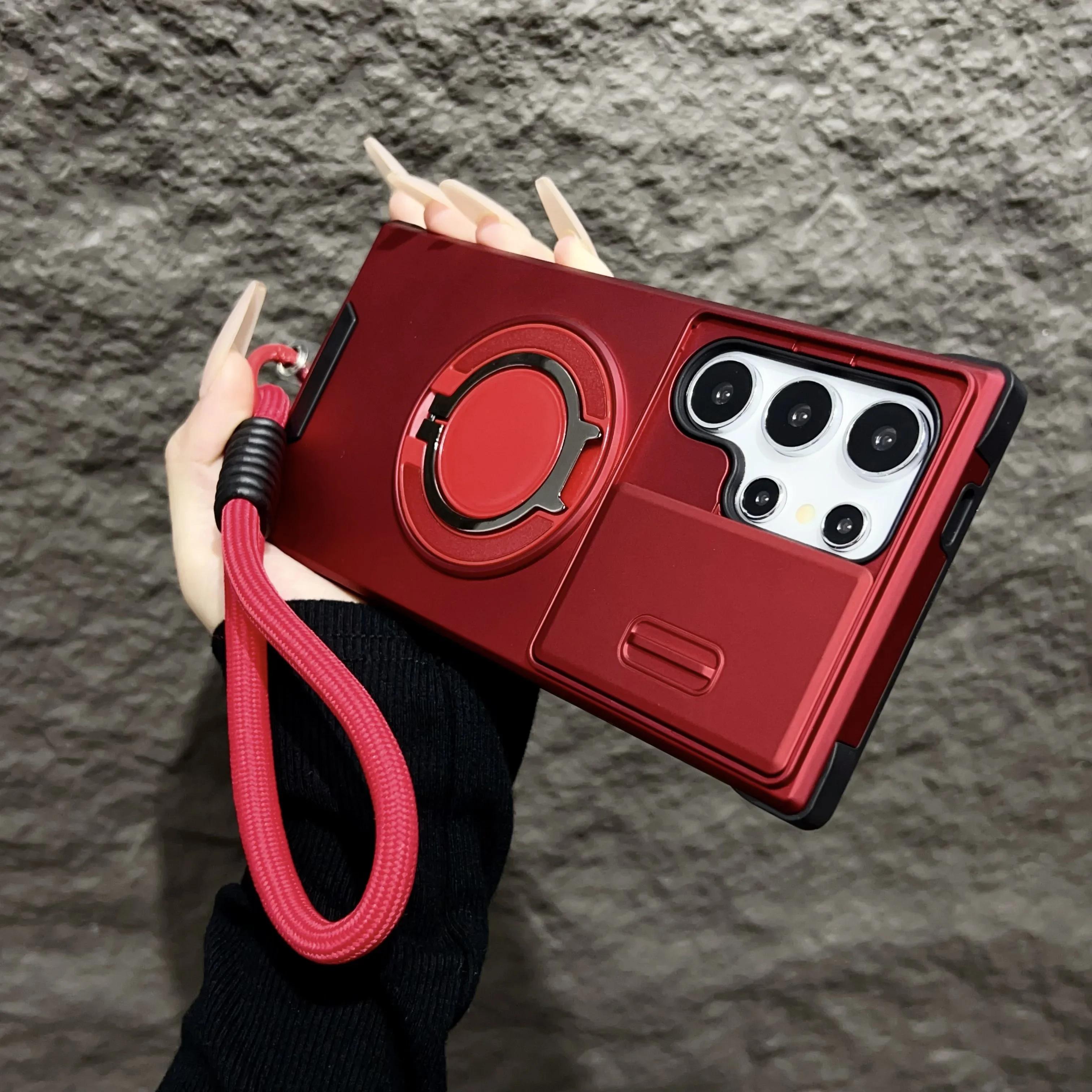 

Магнитный чехол-подставка Armor для Samsung Galaxy S25 S23 S22 S21 S24 Ultra Plus со шнурком, сдвижной защитой камеры, противоударный For Galaxy S25 Ultra&Case & Strap красный