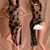 Women Sex Nightdress Hollow Out See-through Fishnet Sleeveless Floral Patch High Elasticity Thin Skinny Lady Honeymoon Wedding Night Sleepwear