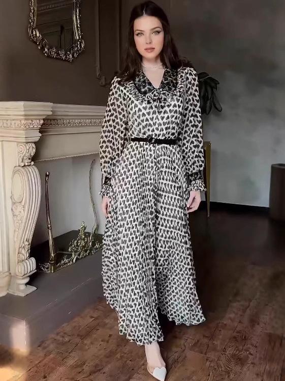 2025 European-American Summer Print Slim Waist Belted Shirt Dress for Women